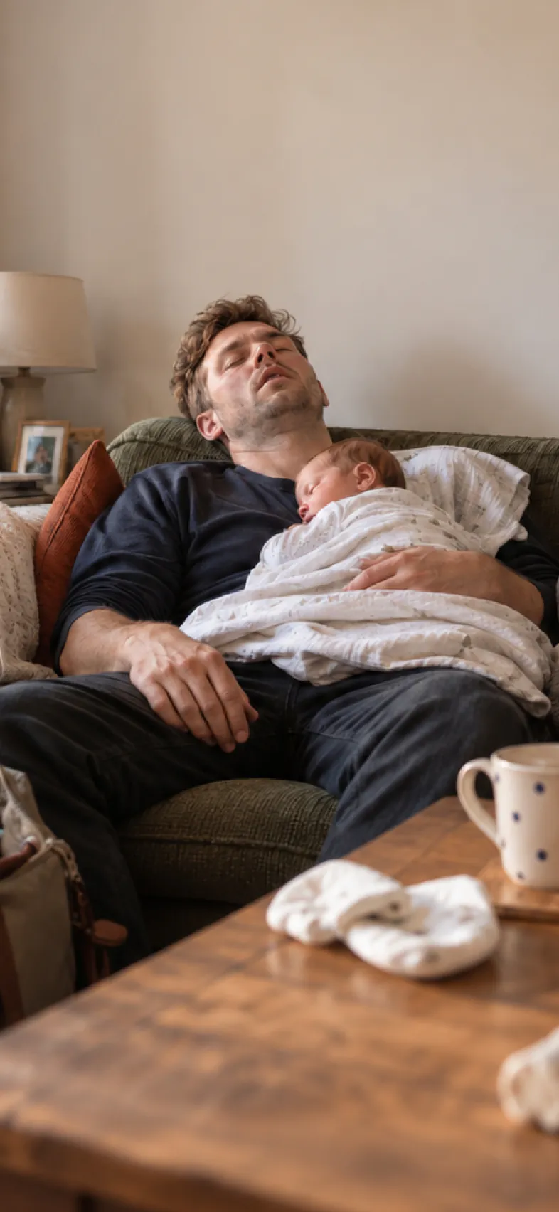 A dad asleep on the sofa with a newborn on his chest