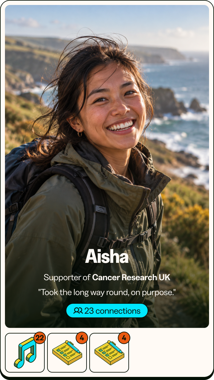 Aisha’s 25 Card: a smiling hiker with a backpack on a coastal path