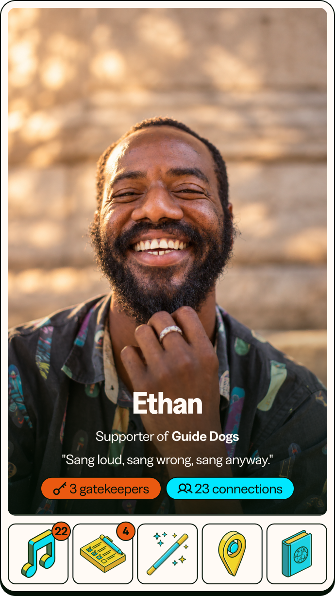 Ethan’s 25 Card: a smiling bearded man in a patterned shirt, against a sunlit wall