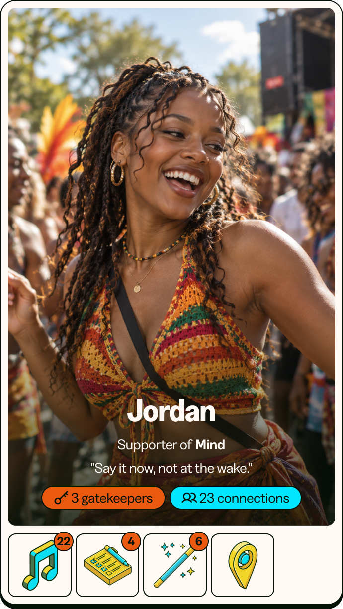 Jordan’s 25 Card: a woman laughing and dancing at an outdoor festival
