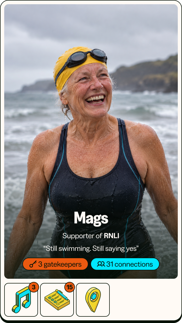 Mags’s 25 Card: a woman in a yellow swimming cap, laughing, standing in the sea
