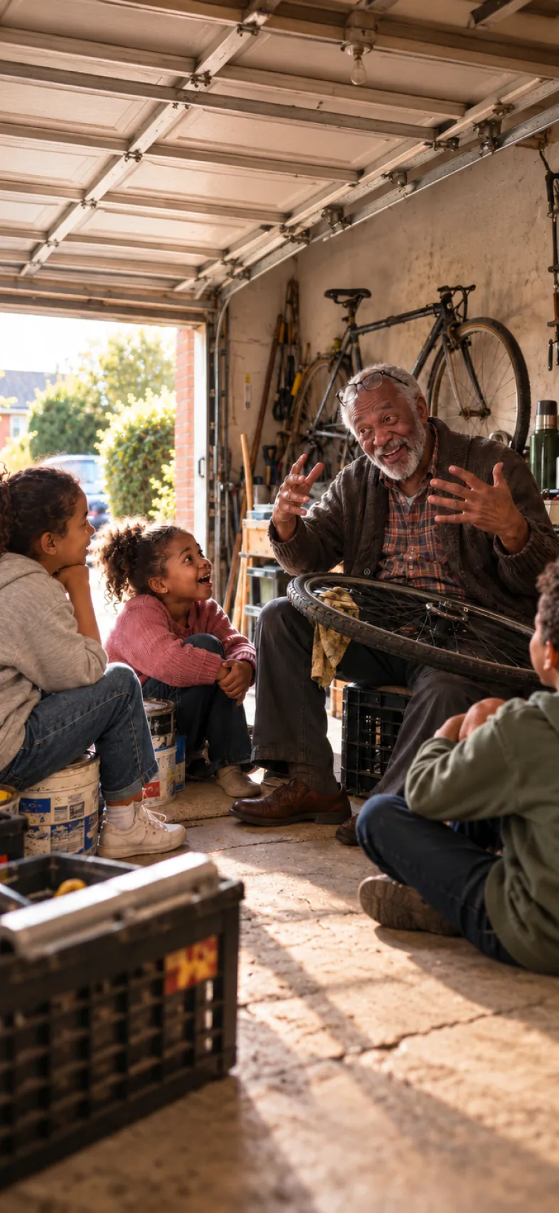 A grandfather telling a story to three children in a garage, a bicycle wheel across his knees