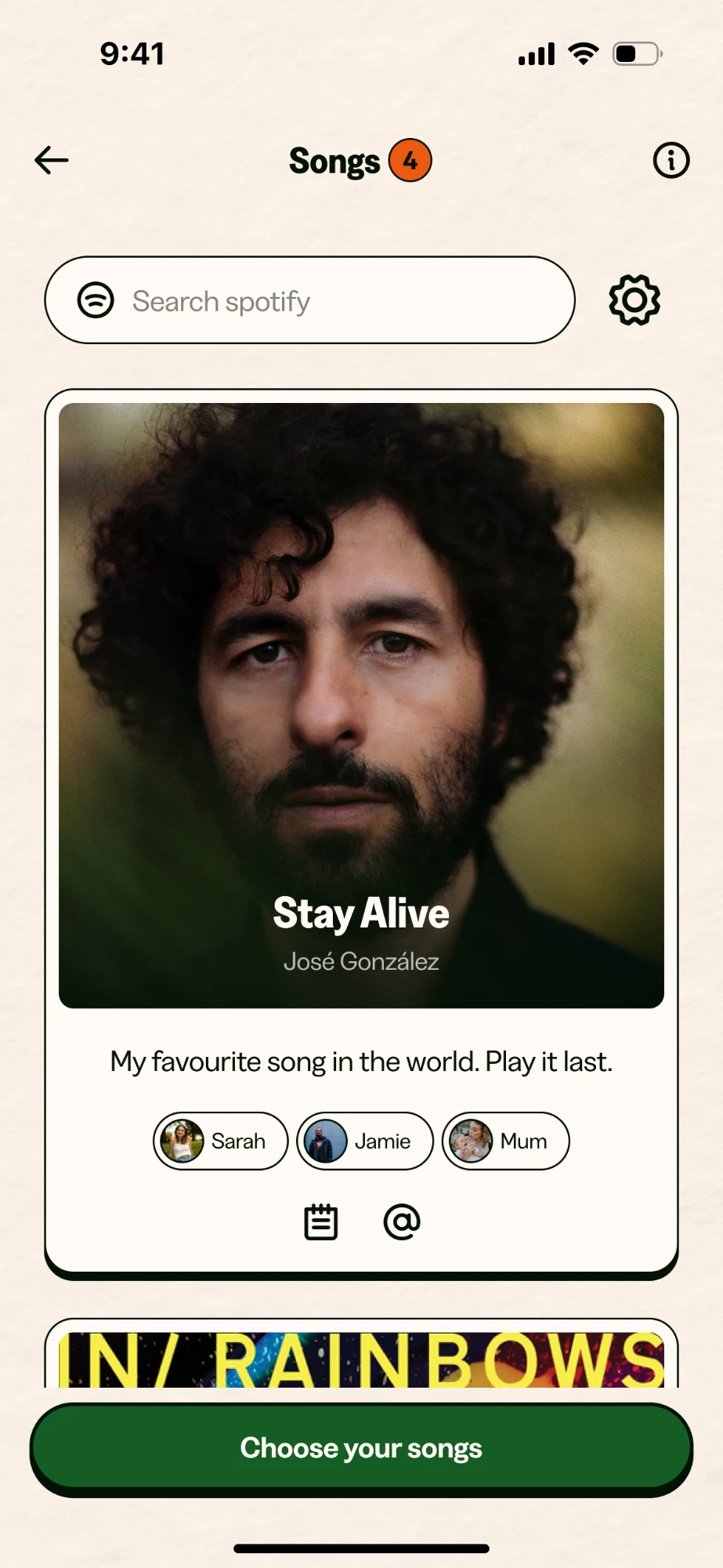 Songs screen: a track picked for the send-off, with context and tagged people