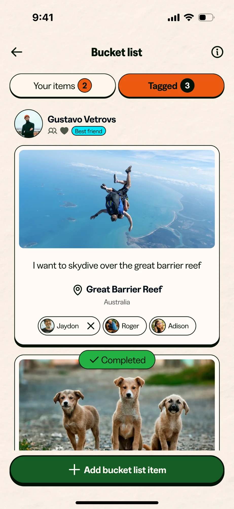 Bucket list screen: items with photos, places and tagged people