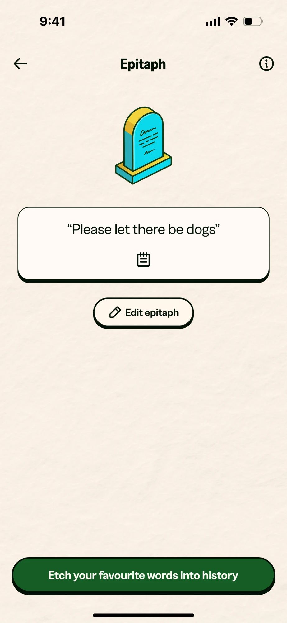 Epitaph screen: “Please let there be dogs”