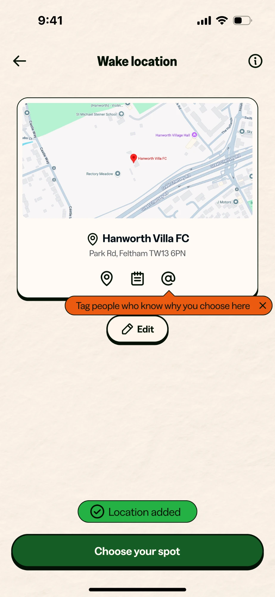 Wake location screen: a pinned spot on a map