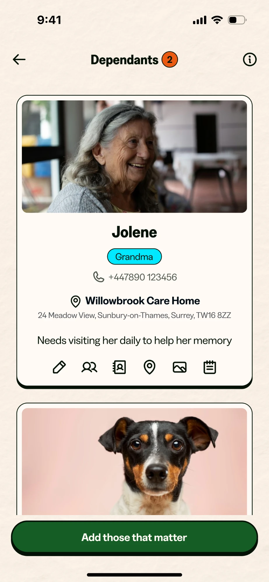 Dependants screen: the people and pets who rely on you