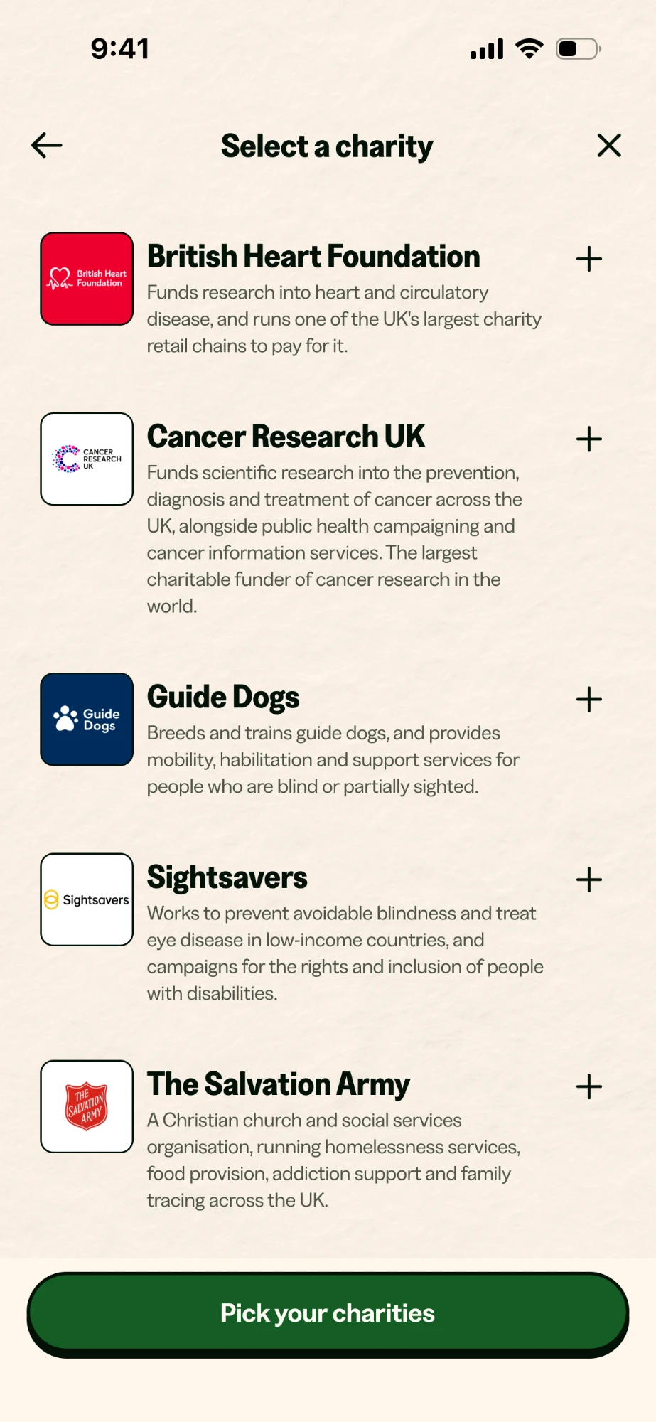 Charities screen: pick the charity you want to support